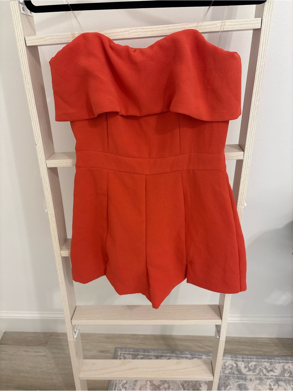 DO+BE Strapless Ruffle One-Piece Romper in Bright Orange-Red